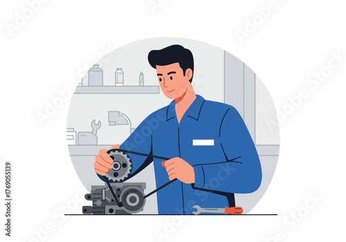 Mechanic in blue overalls working on an engine. Ideal for automotive, repair, maintenance, mechanical services, industrial, and traderelated designs.