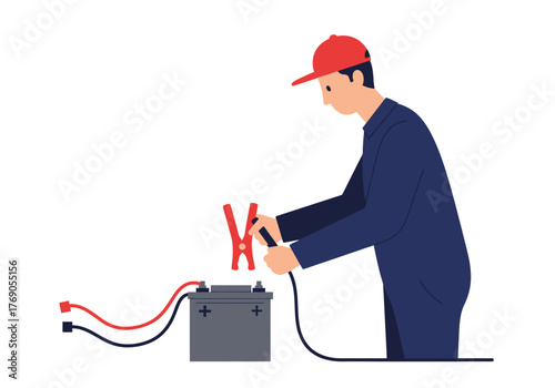 Man jumps a battery using cables with alligator clips easily. Suitable for automotive and mechanicrelated concepts, vehicle maintenance tutorials or diy projects.