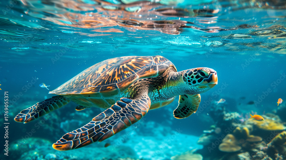 Fototapeta premium Sea turtle swims in sea water. Big green sea turtle closeup. Wildlife of tropical coral reef. Tortoise undersea. Tropic seashore ecosystem. Big turtle in blue water. Aquatic animal underwater photo
