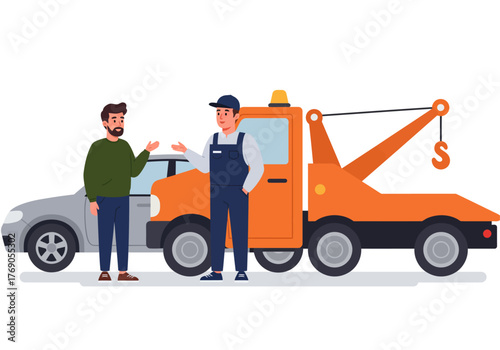 Man conversing with mechanic by grey car and tow truck. Suitable for automotive service, roadside assistance, car repair concepts, mechanic consultations.