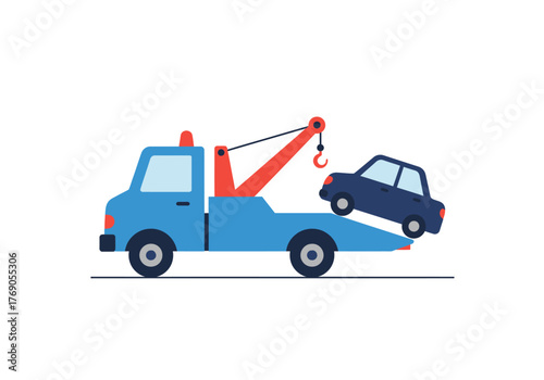 Blue tow truck hauling dark blue car, suitable for towing services advertising, transportation industry promotions, car repair businesses.