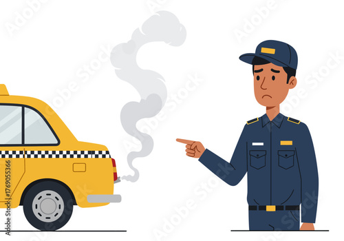 Man expressing disapproval at a yellow taxi emitting smoke. Suitable for environmental, pollution, transportation, and ecoconscious concepts.
