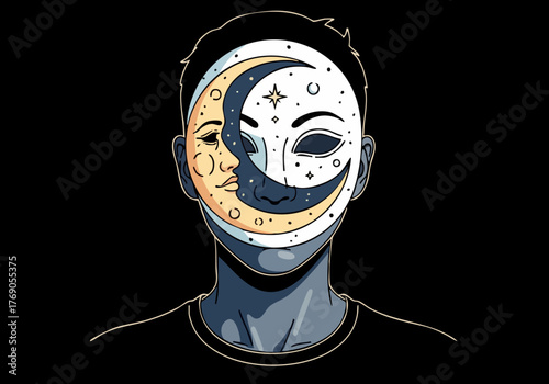 stylized portrait featuring a man wearing a mask depicting a lunar face The design blends human features with celestial elements creating a surreal and captivating image