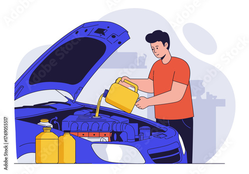 Man pouring oil into car with hood open, maintenance, car repair, car care, automotive industry, car mechanic services, auto service.