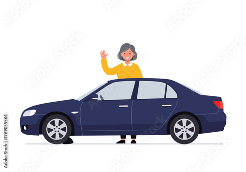 Portrait of an older woman smiling and waving beside a dark blue car. Perfect for showcasing senior lifestyle, travel, and automotive concepts.