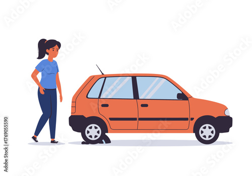 Woman standing next to her orange car with a flat tire. Suitable for automotive or insurance concepts.