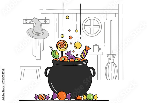 A whimsical illustration depicts a bubbling cauldron overflowing with colorful candy, set against a spooky, stylized room backdrop. ?Brew The Bliss? text adds a playful touch.