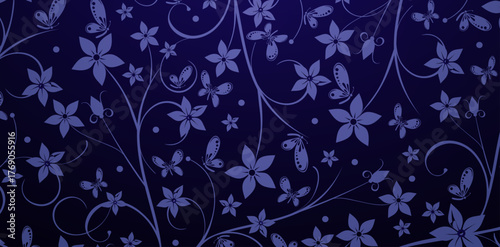 seamless floral pattern Flower Butterfly ornamental dark blue