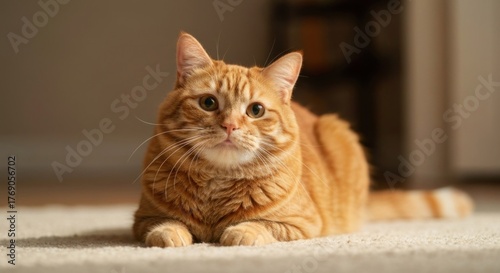 Wallpaper Mural Ginger cat lounges on a light carpet, looking at the viewer Torontodigital.ca