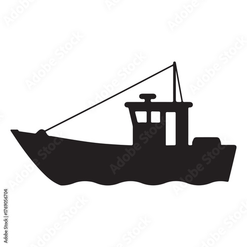 Silhouette of a Commercial Fishing Boat on Water Graphic Illustration for Marine Industry and Nautical Themes on White Background