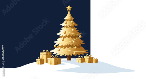 Elegant Golden Christmas Tree with Gifts on a Snowy Background Festive Illustration