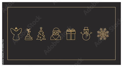 Golden Christmas Icons on Black Background Angel, Tree, Santa, Gift, Snowman, and Snowflake