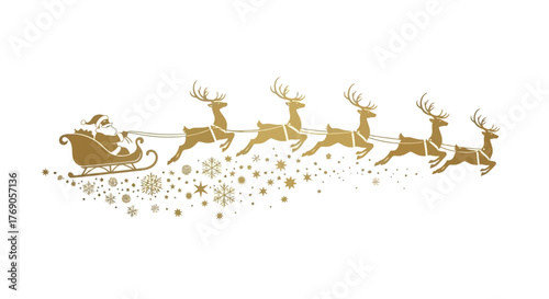 Santa Claus and His Reindeer Flying Across the Sky on Christmas Eve with Snowflakes
