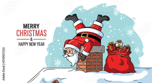Festive Santa Claus Stuck in Chimney with Gifts for Merry Christmas and Happy New Year Wishes