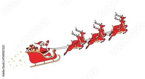 Santa Claus and his Reindeer Flying with Gifts During Christmas Season on White Background