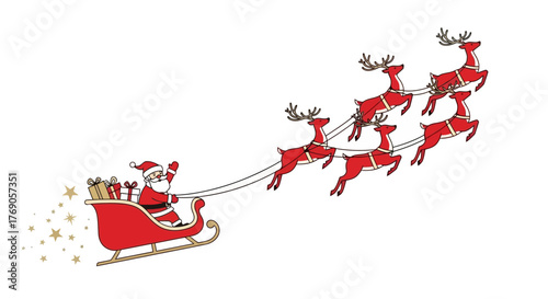 Santa Claus Soaring Through the Sky in His Reindeer-Drawn Sleigh, Delivering Gifts on Christmas Eve