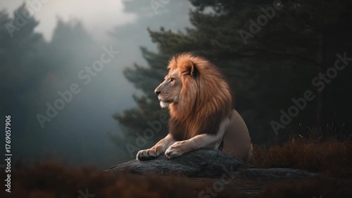 Majestic lion resting on a rock, surrounded by a misty forest