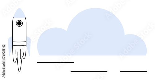 Rocket soaring upward near a light blue cloud, symbolizing growth, innovation, aspirations, and progress. Ideal for technology, startup, goal achievement, exploration creativity motivation simple