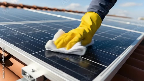 In 4k resolution, a person wearing yellow gloves carefully wipes a solar panel clean with a white cloth on a rooftop, showcasing a bright, maintenance operation.