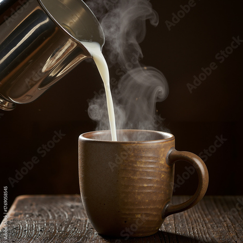 Hot steaming milk pouring into a ceramic mug on a wooden table against a dark background.