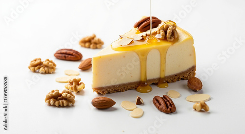 A slice of cheesecake with walnuts, almonds, and honey, on a light background.