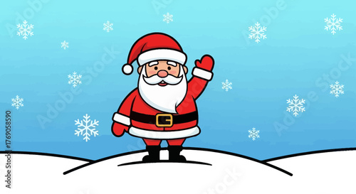 Santa Claus waving in a snowy landscape, celebrating the holiday season with snowflakes falling