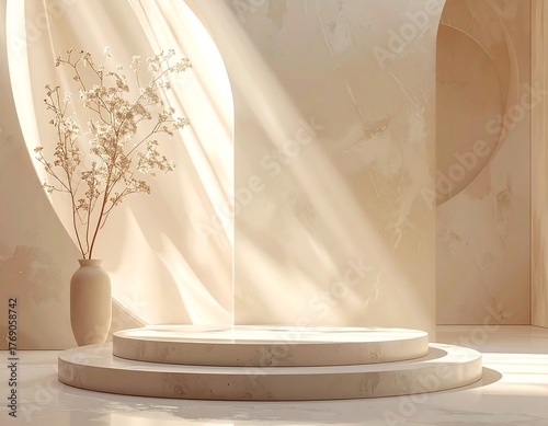 Elegant marble podium bathed in soft sunlight, featuring a round stage for product display against a neutral beige backdrop