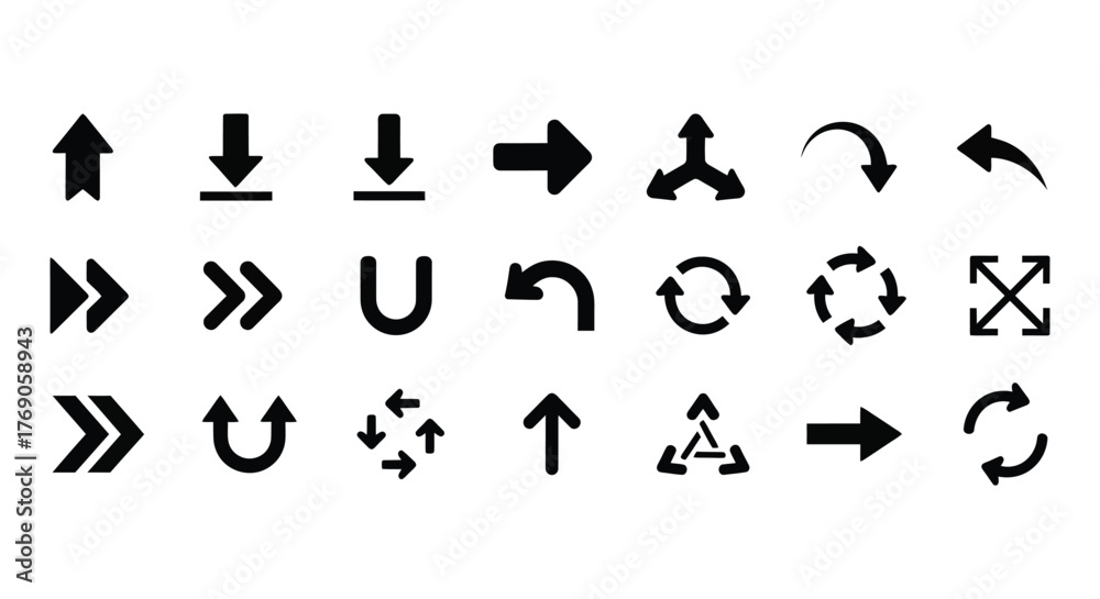 Fototapeta premium Arrows glyph icon set. Vector pictograms of direction, move, pointer, rotate, turn, return, expand, merge, diverge, black sign silhouette illustration