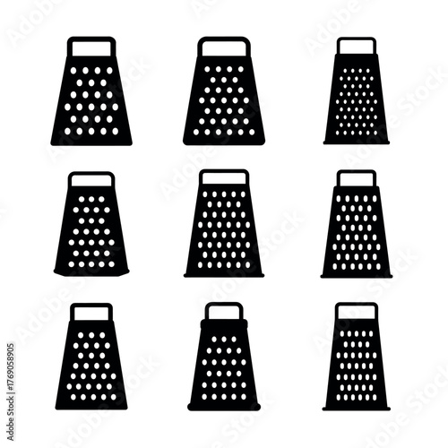 Cheese Grater Icons Set – Black and White Kitchen Utensil Vector Illustration