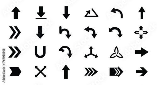 Arrows glyph icon set. Vector pictograms of direction, move, pointer, rotate, turn, return, expand, merge, diverge, black sign silhouette illustration