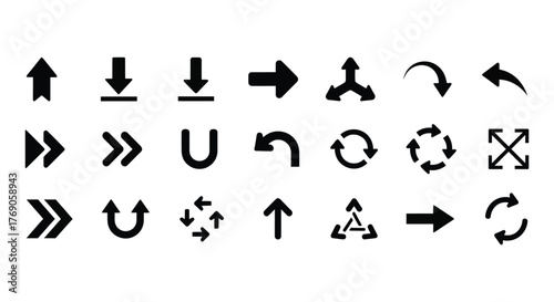 Arrows glyph icon set. Vector pictograms of direction, move, pointer, rotate, turn, return, expand, merge, diverge, black sign silhouette illustration