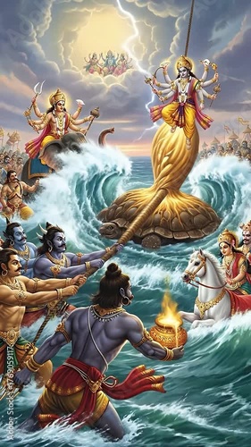 Samudra manthana legend, ocean churning event in hindu mythology. Ideal for illustrating mythological stories and religious concepts.