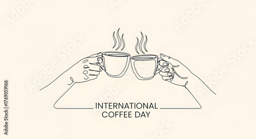 Line drawing of two hands holding steaming coffee cups on International Coffee Day with a minimalist beige background.