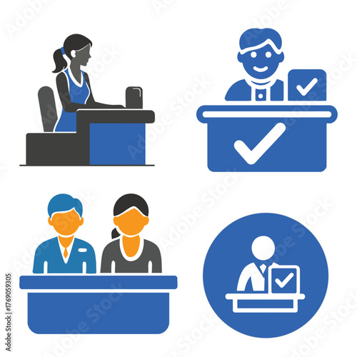 Flat Icon of Check-In Counter with Person and Desk Symbol – Isolated Minimal Travel and Airport Illustration