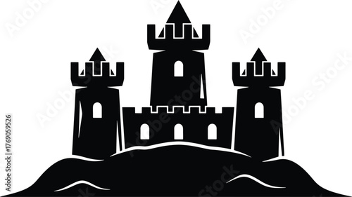 Black silhouette of a medieval castle with three towers on a hill white