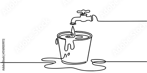 Single Continuous Line Drawing of Leaking Bucket with Holes and Taps,Minimal One Line Vector Illustration for National Hole In My Bucket Day