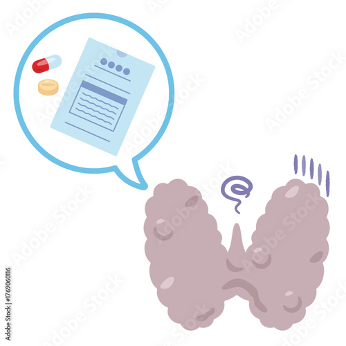 薬剤と調子が悪い甲状腺のイラスト／Illustration of an Unhealthy Thyroid and Medication
