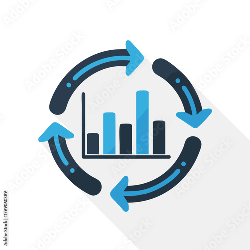 A modern flat design icon visually represents the continuous cycle of data analysis and strategic business improvement, emphasizing iterative growth.