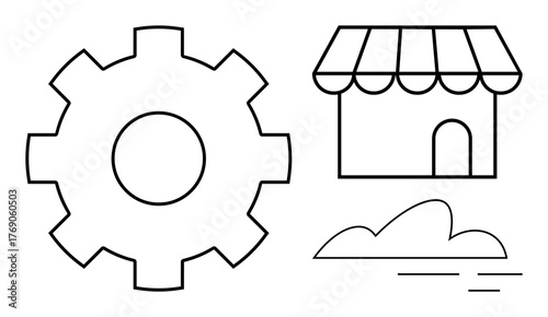 Gear, storefront with awning, abstract cloud lines symbolizing process, entrepreneurship, and commerce. Ideal for business, retail, innovation, development strategy cloud service automation