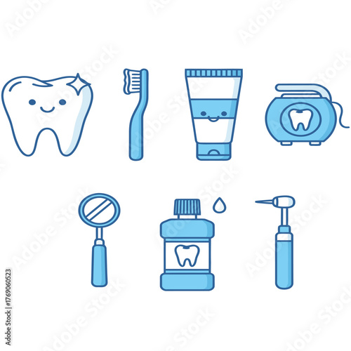 A collection of cute blue cartoon icons representing dental care, hygiene tools, and dentistry equipment on a white background.