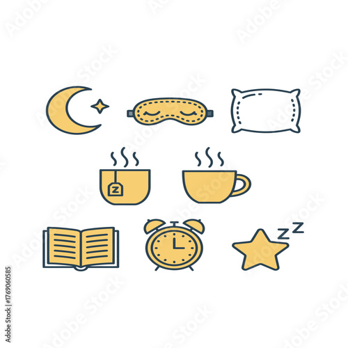 A collection of sleep-related icons for a healthy bedtime routine, including a moon, pillow, and tea.