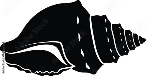Black silhouette of a spiral seashell with textured whorls on white background marine ocean