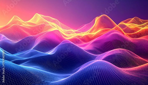 Colorful Abstract Landscape of Wavy Mountain Ridges with Glowing Lines