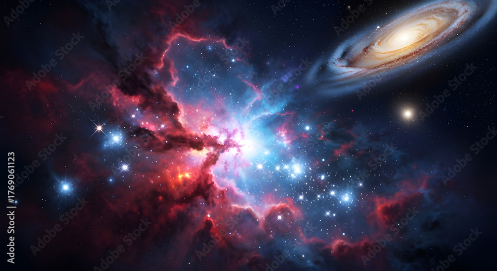 Fototapeta premium Stunning cosmic scene with vibrant nebula and distant galaxy