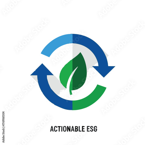 An illustrative icon featuring a green leaf encircled by blue and green arrows, representing actionable ESG principles, sustainable business practices, and environmental corporate responsibility.