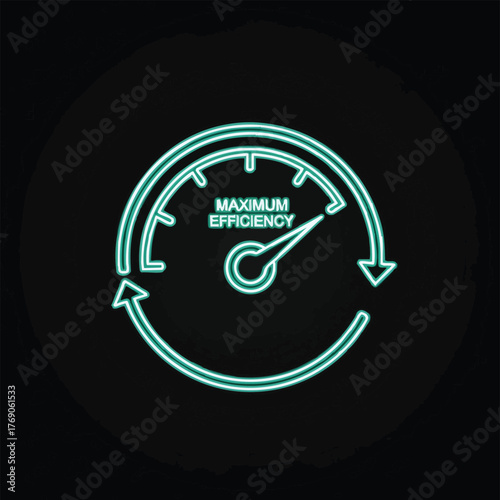 A glowing neon-style gauge icon illustrates the concept of maximum efficiency and optimal performance through a continuous improvement cycle on a dark background.