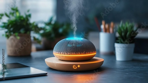 Diffuser emitting vapor, on wooden base, ambient light