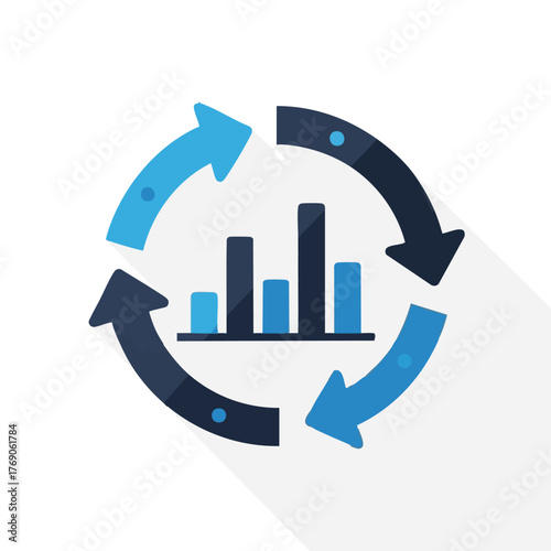 Visualizing a core business cycle, this flat design icon features a bar graph surrounded by arrows, representing continuous data analysis and iterative progress.