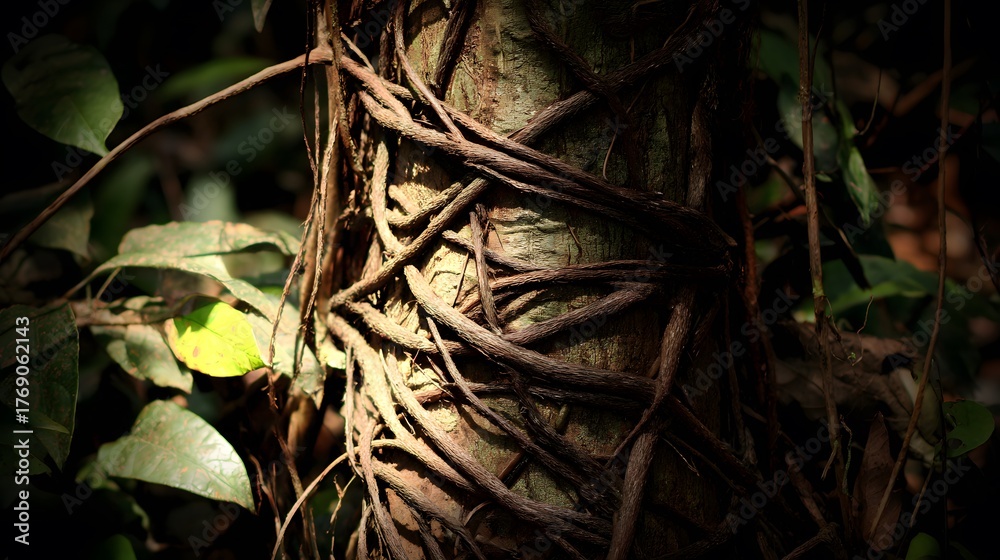 Fototapeta premium A tree trunk bound by thick vines in a forest, sunlight filtering through leaves.