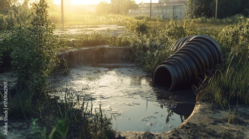 Large plastic pipe in an area with a puddle from pollution and poor drainage. Environmental problems, urban landscape, water leakage, and nature protection